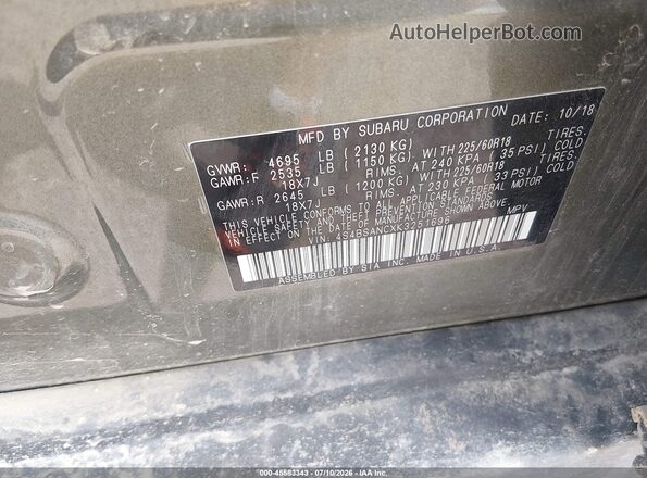 4S4BSANCXK3251696 2019 SUBARU OUTBACK Green ძრავის განყოფილების ხედი