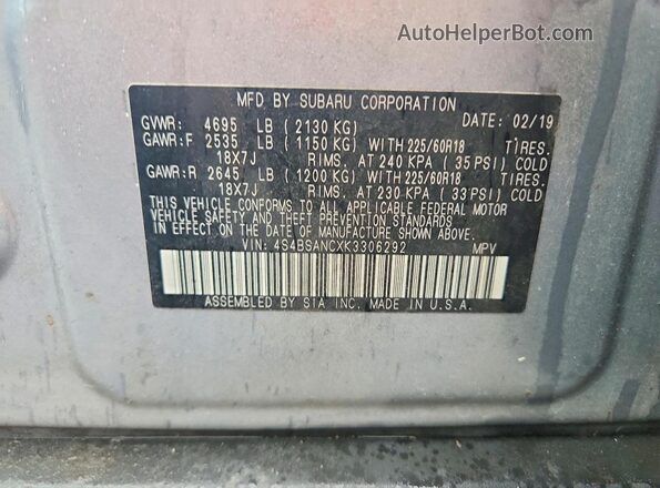 4S4BSANCXK3306292 2019 SUBARU OUTBACK Silver სალონის 360-გრადუსიანი ხედი
