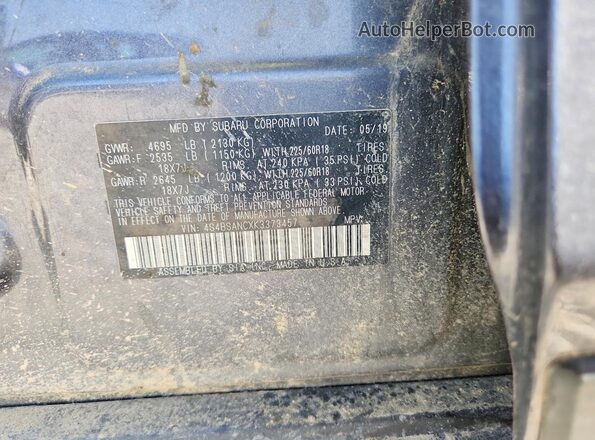 4S4BSANCXK3373457 2019 SUBARU OUTBACK Gray Вид наклейки з VIN-кодом