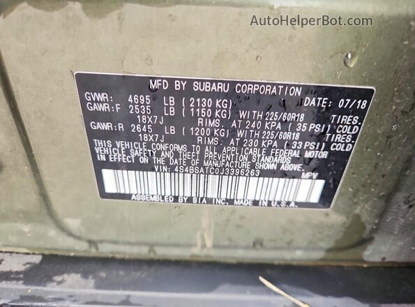 4S4BSATC0J3396263 2018 SUBARU OUTBACK Green Вид наклейки з VIN-кодом