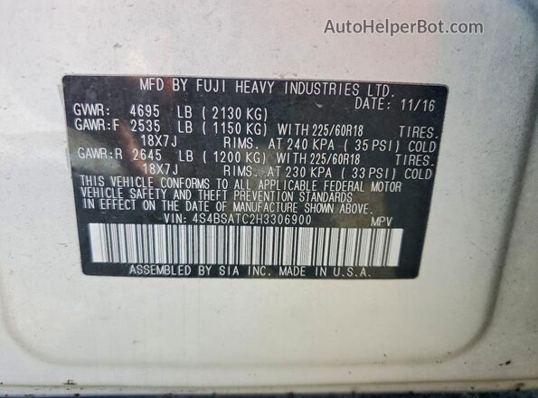 4S4BSATC2H3306900 2017 SUBARU OUTBACK Белый Вид наклейки с VIN-кодом