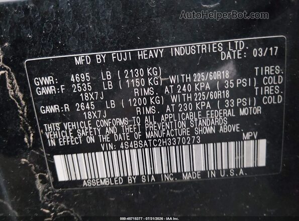 4S4BSATC2H3370273 2017 SUBARU OUTBACK Black Vista del compartimento del motor