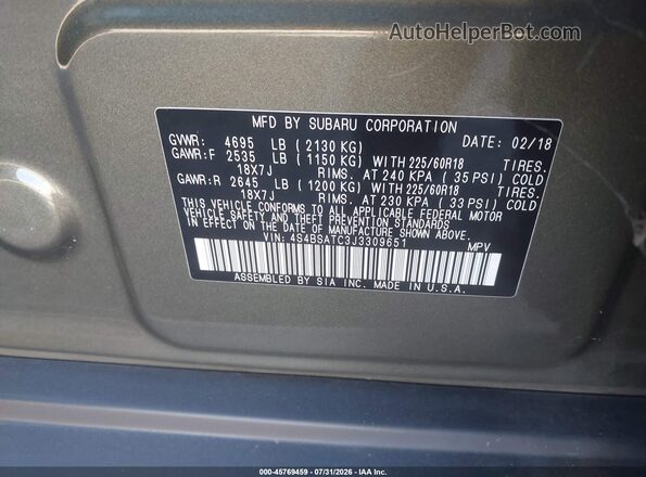 4S4BSATC3J3309651 2018 SUBARU OUTBACK Зеленый Вид подкапотного пространства