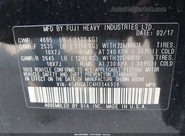 4S4BSATC4H3346928 2017 SUBARU OUTBACK Black Engine compartment view