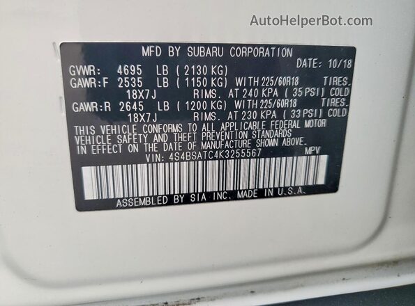 4S4BSATC4K3255567 2019 SUBARU OUTBACK White VIN sticker view