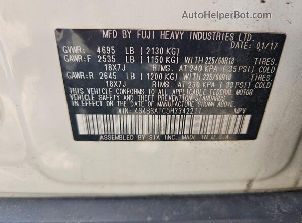 4S4BSATC5H3342211 2017 SUBARU OUTBACK White Вид наклейки з VIN-кодом