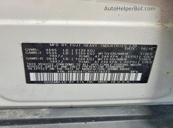 4S4BSATCXH3279333 2017 SUBARU OUTBACK White Widok naklejki z numerem VIN