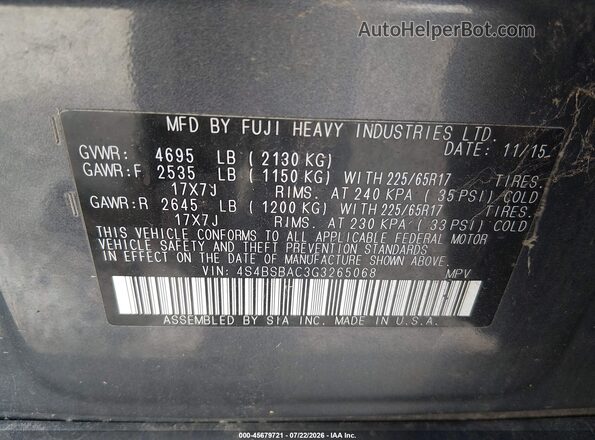 4S4BSBAC3G3265068 2016 SUBARU OUTBACK Gray Շարժիչի բաժամունքի տեսք
