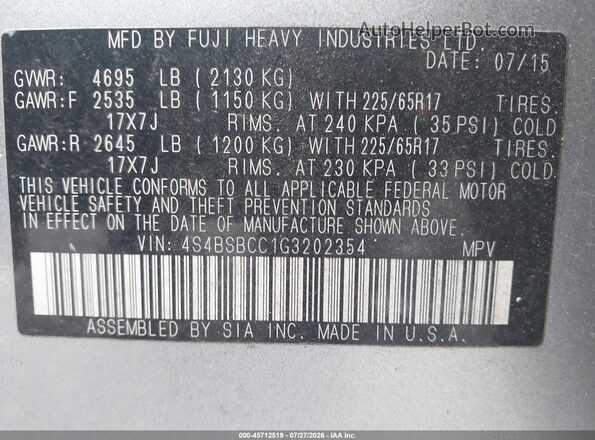 4S4BSBCC1G3202354 2016 SUBARU OUTBACK Light Blue Вид підкапотного простору