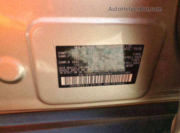 4S4BSBCC1G3255944 2016 SUBARU OUTBACK Серебряный Вид наклейки с VIN-кодом