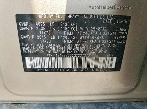 4S4BSBCC2G3237372 2016 SUBARU OUTBACK Silver Engine compartment view