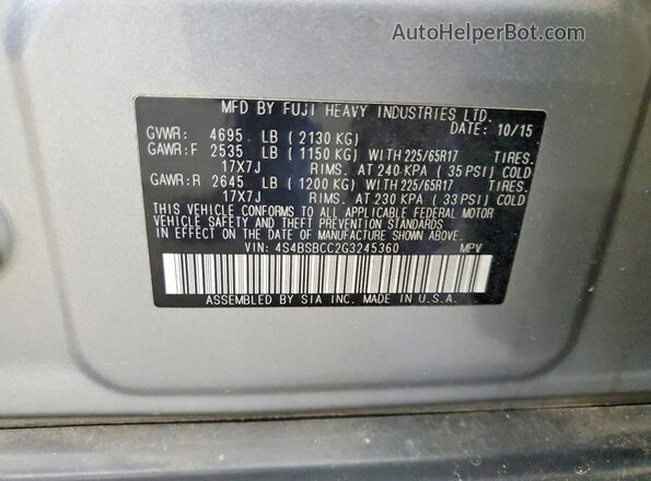 4S4BSBCC2G3245360 2016 SUBARU OUTBACK Silver Vista de la etiqueta del VIN