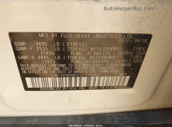 4S4BSBCC3G3332927 2016 SUBARU OUTBACK White Engine compartment view