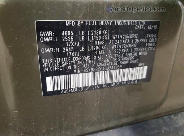 4S4BSBCC4G3241259 2016 SUBARU OUTBACK Green Вид підкапотного простору