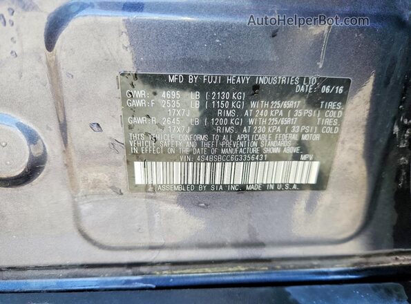 4S4BSBCC6G3356431 2016 SUBARU OUTBACK Синий Вид наклейки с VIN-кодом