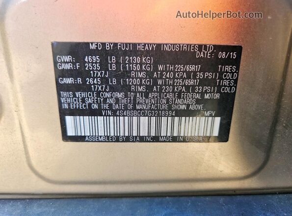 4S4BSBCC7G3218994 2016 SUBARU OUTBACK Желто-коричневый Вид наклейки с VIN-кодом