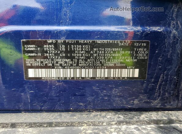 4S4BSBCC9G3278534 2016 SUBARU OUTBACK Blue Vista de la etiqueta del VIN