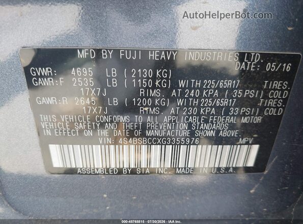 4S4BSBCCXG3355976 2016 SUBARU OUTBACK Blue Вид підкапотного простору