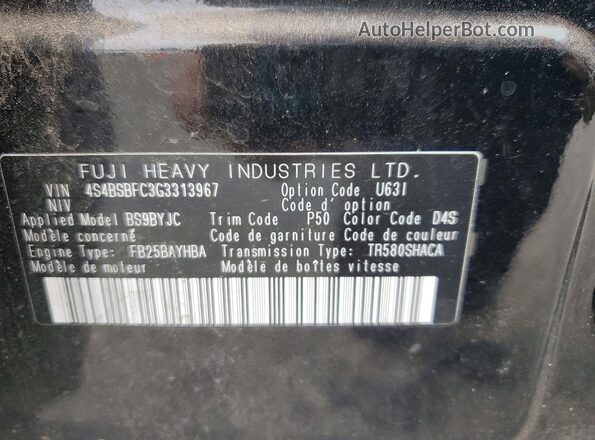 4S4BSBFC3G3313967 2016 SUBARU OUTBACK Black VIN კოდის სტიკერის ხედი