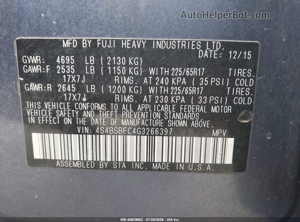 4S4BSBFC4G3266397 2016 SUBARU OUTBACK Blue Շարժիչի բաժամունքի տեսք
