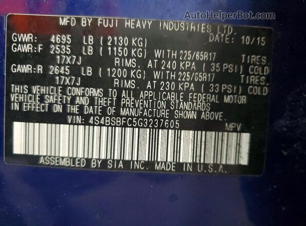 4S4BSBFC5G3237605 2016 SUBARU OUTBACK Blue Vista de la etiqueta del VIN