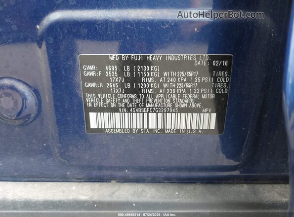 4S4BSBFC7G3297045 2016 SUBARU OUTBACK Синий Вид подкапотного пространства