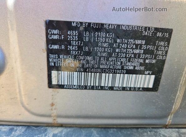 4S4BSBLC2G3219020 2016 SUBARU OUTBACK Silver Widok komory silnika