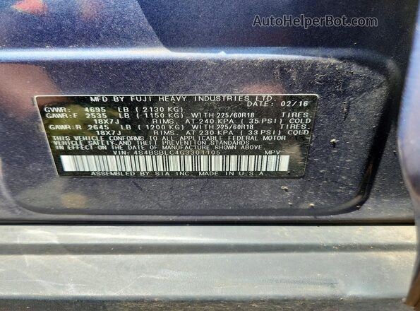 4S4BSBLC4G3301105 2016 SUBARU OUTBACK Синий Вид наклейки с VIN-кодом