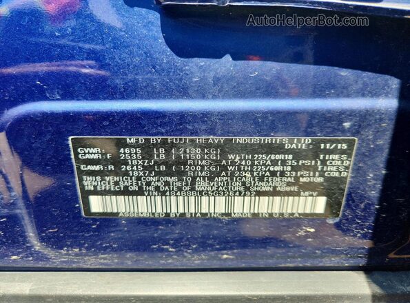 4S4BSBLC5G3264792 2016 SUBARU OUTBACK Синий Вид наклейки с VIN-кодом