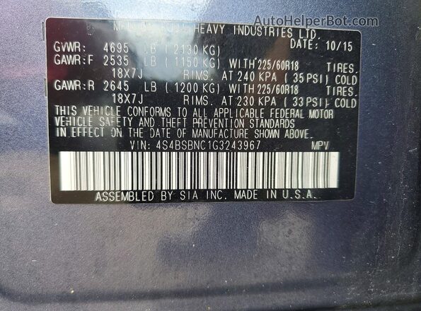 4S4BSBNC1G3243967 2016 SUBARU OUTBACK Blue Widok naklejki z numerem VIN