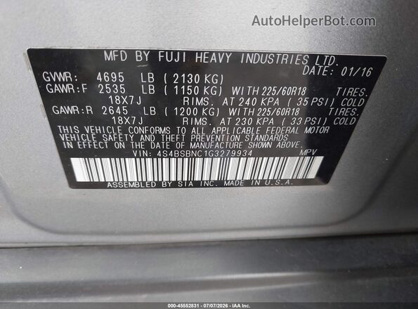 4S4BSBNC1G3279934 2016 SUBARU OUTBACK Silver Widok komory silnika