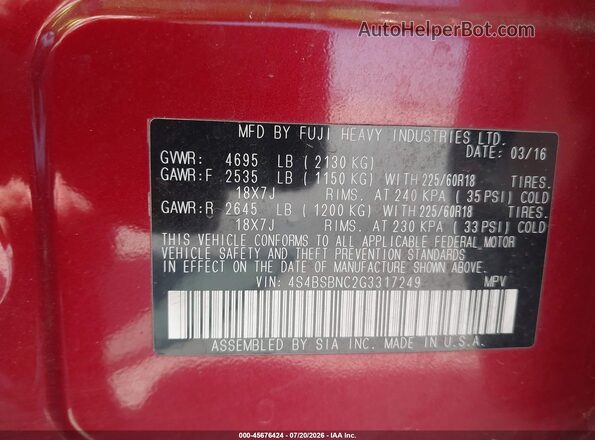 4S4BSBNC2G3317249 2016 SUBARU OUTBACK Red Widok komory silnika
