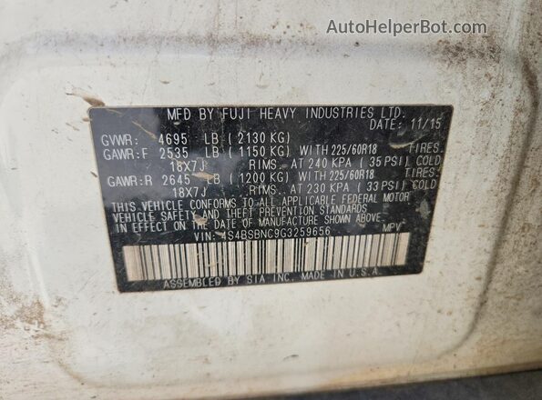 4S4BSBNC9G3259656 2016 SUBARU OUTBACK White Vista de la etiqueta del VIN