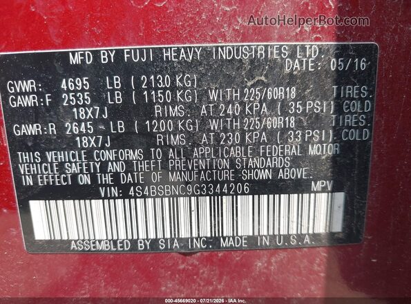 4S4BSBNC9G3344206 2016 SUBARU OUTBACK Burgundy Вид підкапотного простору