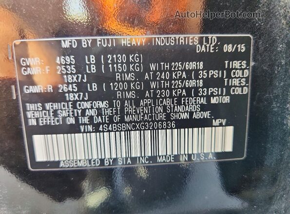 4S4BSBNCXG3206836 2016 SUBARU OUTBACK Черный Вид наклейки с VIN-кодом