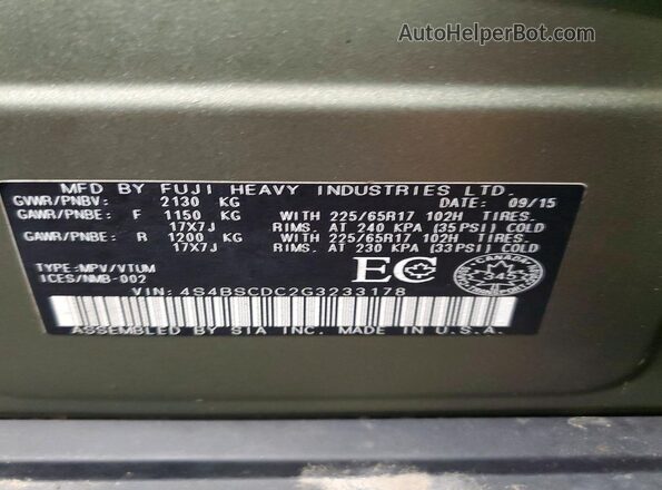 4S4BSCDC2G3233178 2016 SUBARU OUTBACK Green Vista del compartimento del motor