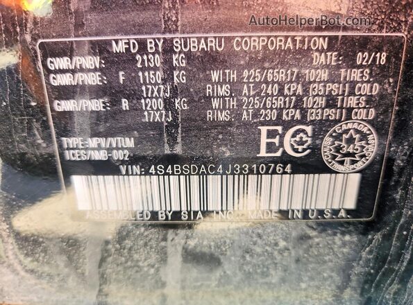 4S4BSDAC4J3310764 2018 SUBARU OUTBACK Black Vista del compartimento del motor