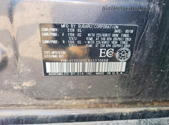 4S4BSDGC9J3310668 2018 SUBARU OUTBACK Gray Շարժիչի բաժամունքի տեսք