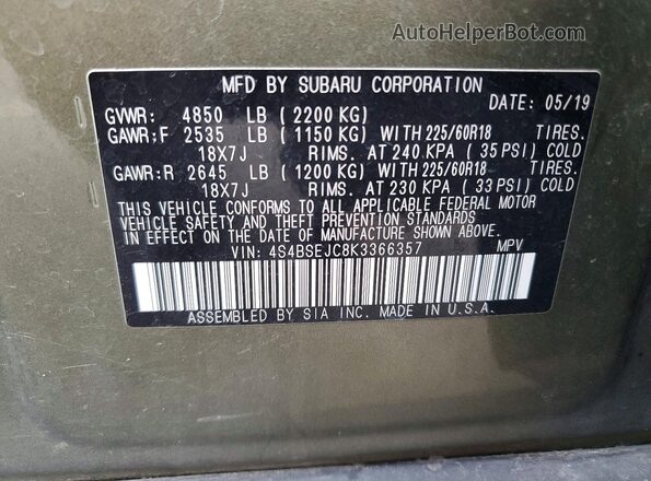 4S4BSEJC8K3366357 2019 SUBARU OUTBACK Green VIN կոդի պիտակի տեսք