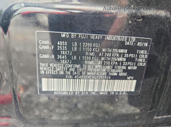 4S4BSENC0G3293924 2016 SUBARU OUTBACK Black Vista de la etiqueta del VIN
