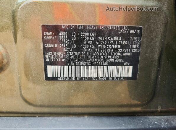 4S4BSENC1H3265485 2017 SUBARU OUTBACK Green Widok komory silnika