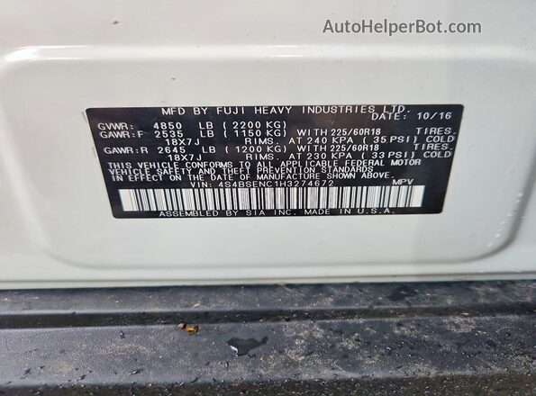 4S4BSENC1H3274672 2017 SUBARU OUTBACK White VIN კოდის სტიკერის ხედი
