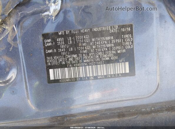 4S4BSENC1H3279452 2017 SUBARU OUTBACK Blue Вид підкапотного простору