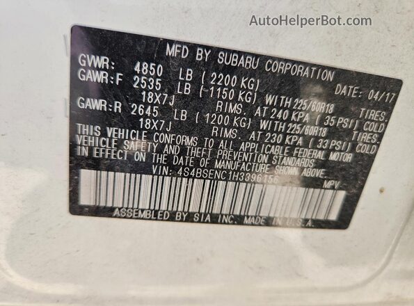 4S4BSENC1H3396156 2017 SUBARU OUTBACK Белый Вид наклейки с VIN-кодом