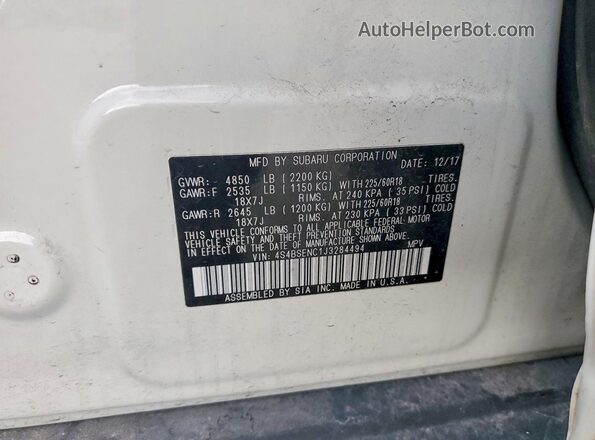4S4BSENC1J3284494 2018 SUBARU OUTBACK White ძრავის განყოფილების ხედი