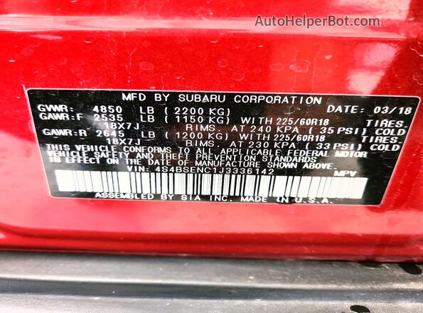 4S4BSENC1J3336142 2018 SUBARU OUTBACK Red Вид підкапотного простору