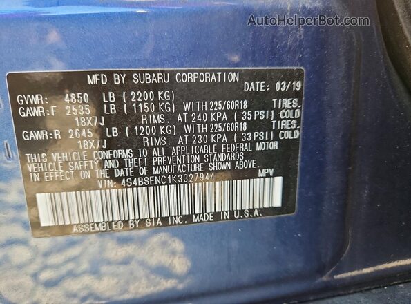 4S4BSENC1K3327944 2019 SUBARU OUTBACK Blue Вид наклейки з VIN-кодом