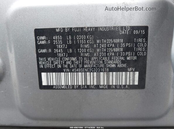 4S4BSENC2G3231618 2016 SUBARU OUTBACK Silver Շարժիչի բաժամունքի տեսք