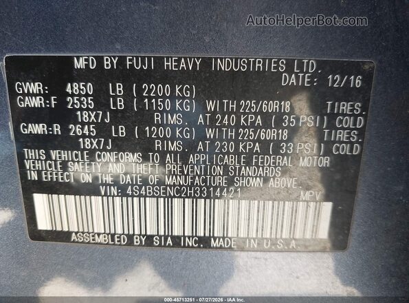 4S4BSENC2H3314421 2017 SUBARU OUTBACK Синий Вид подкапотного пространства