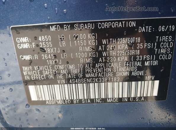 4S4BSENC2K3387182 2019 SUBARU OUTBACK Blue Вид підкапотного простору